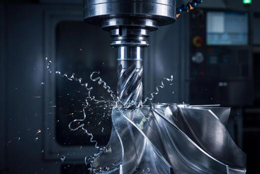 a close upgraph of a cnc milling machine cutting a complex metal part with shavings and coolant photo
